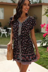 Boho Mini Dress – “Midnight Bloom” Button Front Floral Dress in Black & Pink