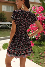 Boho Mini Dress – “Midnight Bloom” Button Front Floral Dress in Black & Pink