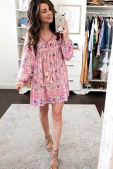 Boho Mini Dress – “Pink Bloom” Flowy Floral Tunic Sundress for Women