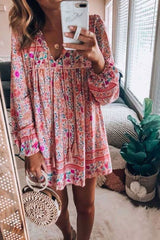 Boho Mini Dress – “Pink Bloom” Flowy Floral Tunic Sundress for Women