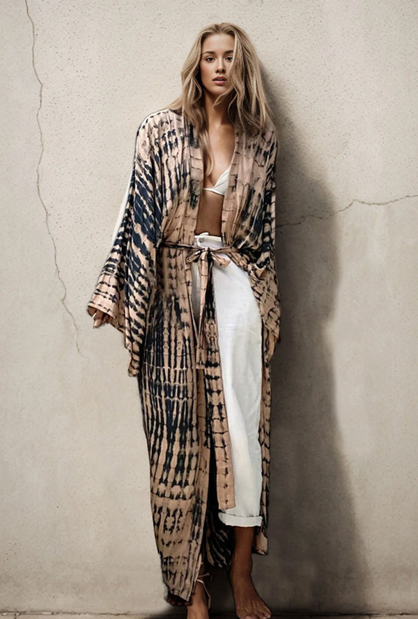 Beach Robe - Boho Robe - Summer Chic Cover-Up with Tie Dye Ausha Beige