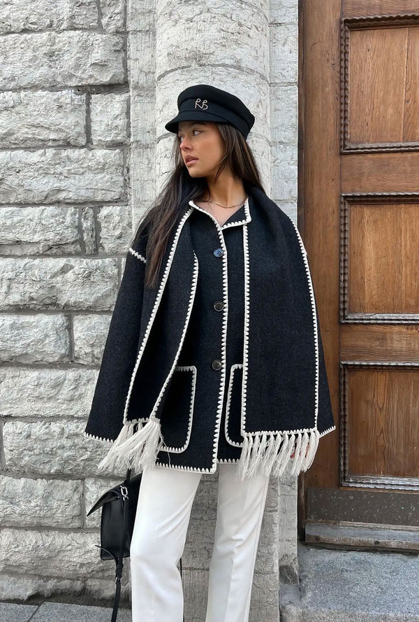 Boho Winter Coat - Wool Mix Autumn Coat With Scarf - Yolanda: Vintage Patchwork in Black