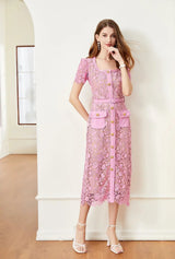 Vintage Boho Midi Dress - Pink Fusia | Embroidered Lace Bohemian Style Dress