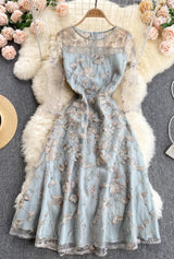 Vintage Boho Midi Dress - Blue Amelia | Embroidered Lace Bohemian Style Dress