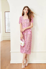 Vintage Boho Midi Dress - Pink Fusia | Embroidered Lace Bohemian Style Dress