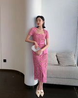 Vintage Boho Midi Dress - Pink Fusia | Embroidered Lace Bohemian Style Dress