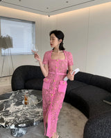 Vintage Boho Midi Dress - Pink Fusia | Embroidered Lace Bohemian Style Dress