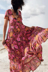 Boho Maxi Dress – “Wild Sunset” Button-Front Floral Sundress in Red