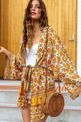 Boho Kimono Robe – “Saffron Sun” Yellow Floral Short Cover-Up for Beach & Lounge