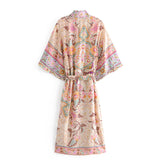 Bohemian Kimono Robe – “Peony” Green & Beige Floral Beach Cover-Up for Women