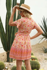 Boho Mini Dress – Summer Dress – “Sunset Garden” Short Sleeve V-Neck Floral Wrap Sundress in Black, Blue & Pink