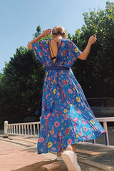 Bohemian Maxi Dress – “Mirage” Flowing Festival Gown Boho Beach Dress in Blue and Red