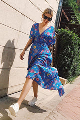 Bohemian Maxi Dress – “Mirage” Flowing Festival Gown Boho Beach Dress in Blue and Red