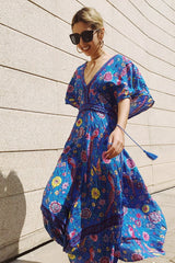 Bohemian Maxi Dress – “Mirage” Flowing Festival Gown Boho Beach Dress in Blue and Red