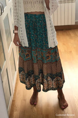 Hippie Maxi Skirt – “Peacock Bloom” Vintage Printed I Green and Red