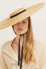 Black Ribbon Wide Brim Straw Hat — 15 cm or 18 cm
