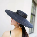 Black Ribbon Wide Brim Straw Hat — 15 cm or 18 cm