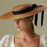 Black Ribbon Wide Brim Straw Hat — 15 cm or 18 cm