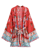 Boho Short Robe – “Peony” Green Floral Kimono Beach Cover-Up for Women