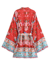 Boho Short Robe – “Peony” Green Floral Kimono Beach Cover-Up for Women