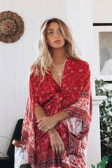 Boho Kimono Robe – “Desert Rosewood” Printed Lounge Cover-Up in Rust Red & Desert Rosewood