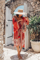 Boho Kimono Robe – “Desert Rosewood” Printed Lounge Cover-Up in Rust Red & Desert Rosewood