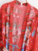 Boho Short Robe – “Peony” Green Floral Kimono Beach Cover-Up for Women