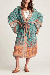 Boho Kimono Robe – “Sahara Dream” Tribal Print Long Cover-Up in Coral & Teal