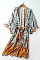 Boho Kimono Robe – “Sahara Dream” Tribal Print Long Cover-Up in Coral & Teal