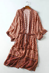 Boho Kimono Robe – “Sahara Dream” Tribal Print Long Cover-Up in Coral & Teal
