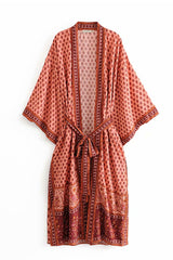 Boho Kimono Robe – “Sahara Dream” Tribal Print Long Cover-Up in Coral & Teal