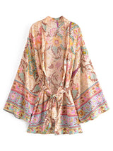 Boho Short Robe – “Sweet Vintage” Pink Floral Kimono Beach Cover-Up for Women