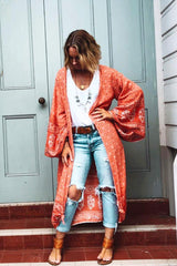 Boho Kimono Robe – “Sahara Dream” Tribal Print Long Cover-Up in Coral & Teal