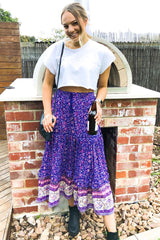 Boho Maxi Skirt – “Lavender Sun” Floral Print Tassel Skirt in Purple
