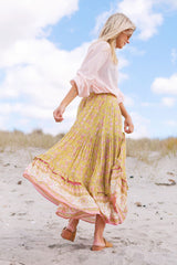 Boho Maxi Skirt – “Honey Fields” Tiered Floral Skirt in Mustard & Blush