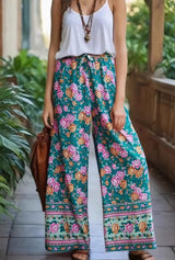Boho Wide Leg Pants – Meadow Green Floral Print Lounge Pants for Women