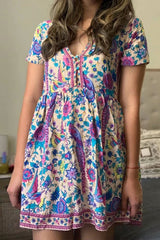 Boho Mini Dress – “Fiesta Bloom” Red Folk Print Sundress for Women