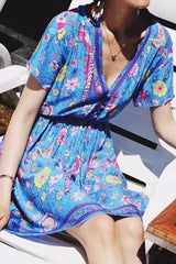 Boho Mini Dress – “Fiesta Bloom” Red Folk Print Sundress for Women