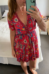Boho Mini Dress – “Fiesta Bloom” Red Folk Print Sundress for Women