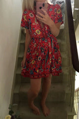 Boho Mini Dress – “Fiesta Bloom” Red Folk Print Sundress for Women