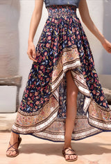 Boho High-Low Skirt – Indira Smocked Waist Floral Maxi Skirt in Navy and Green