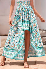 Boho High-Low Skirt – Indira Smocked Waist Floral Maxi Skirt in Navy and Green