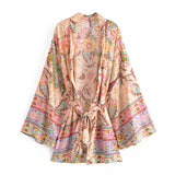 Boho Short Robe – “Peony” Green Floral Kimono Beach Cover-Up for Women