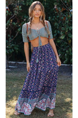 Boho Maxi Skirt – “Lavender Sun” Floral Print Tassel Skirt in Purple