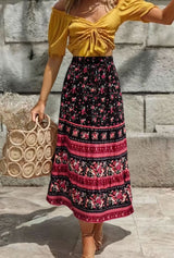 Boho Maxi Skirt – “Midnight Peony” Floral Print Skirt in Navy & Rose Stripe