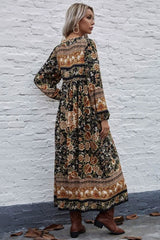 "Boho Maxi Gown – “Black Winter Rosy” Loose Flowing Dress for Women "