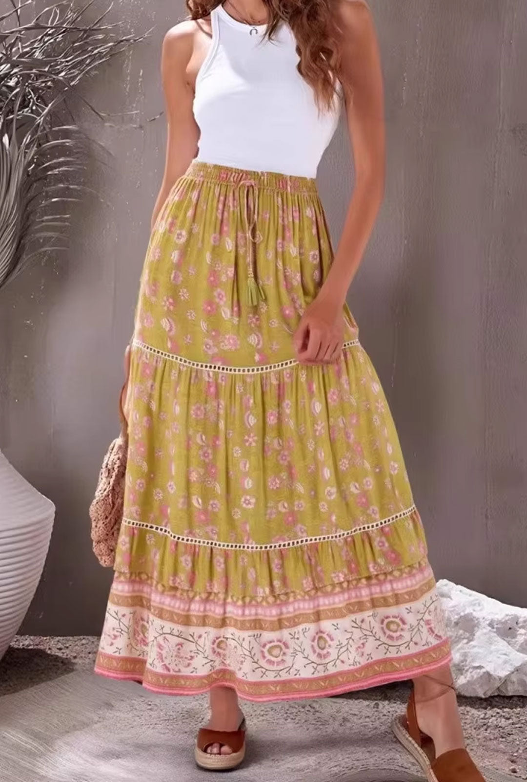 Teal Garden Boho Floral Print Maxi Skirt
