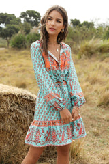 Boho Mini Skirt – “Tangerine Coast” Floral Print Beach Skirt in Teal & Rust Orange