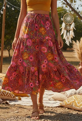 Boho Maxi Skirt – Wild Sunset Hippie Style Skirt in Mustard Yellow for Women, Summer, and Festivals