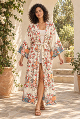White Floral long kimono robe — styled on an AI-generated model